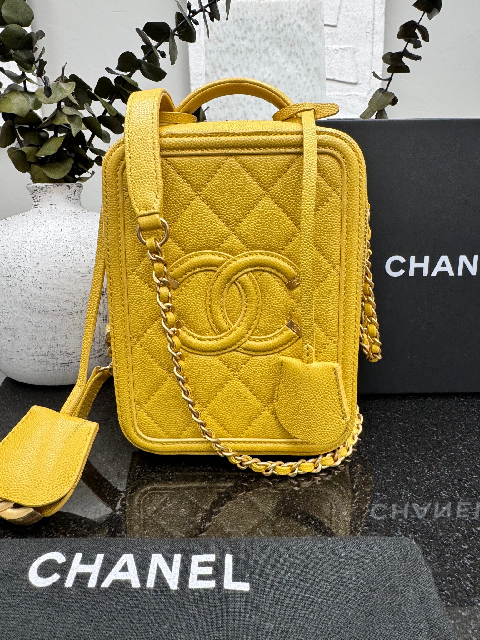 Chanel Yellow Caviar Quilted Filigree Vertical Vanity Case 