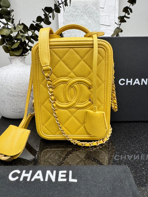 Chanel Yellow Caviar Quilted Filigree Vertical Vanity Case