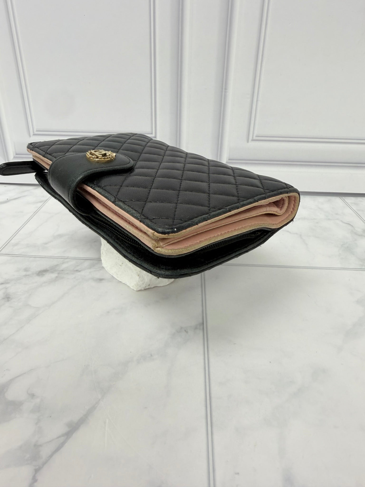 Chanel Black And Pink Lambskin Quilted French Wallet