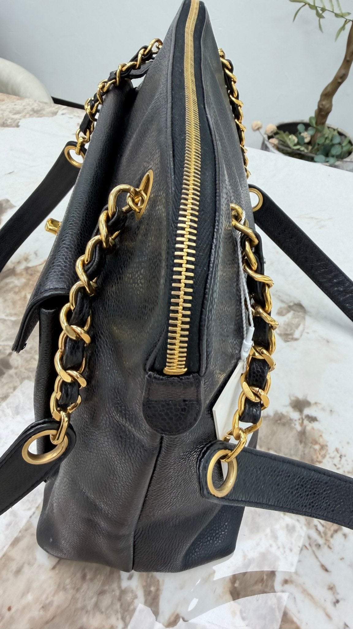Chanel Vintage 24k Black Caviar Shoulder Chain Tote