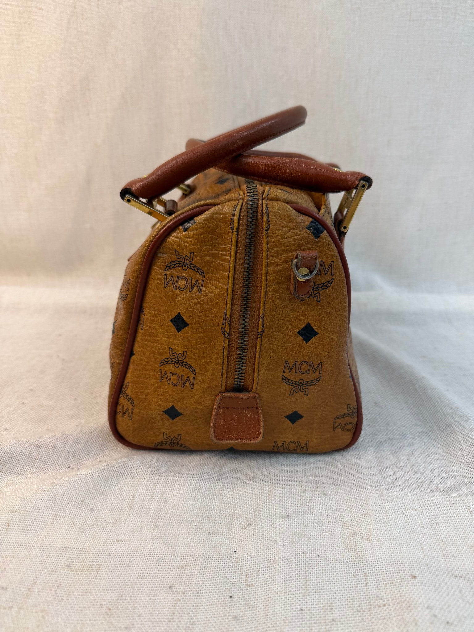 MCM Brown Coated Canvas Boston Bag