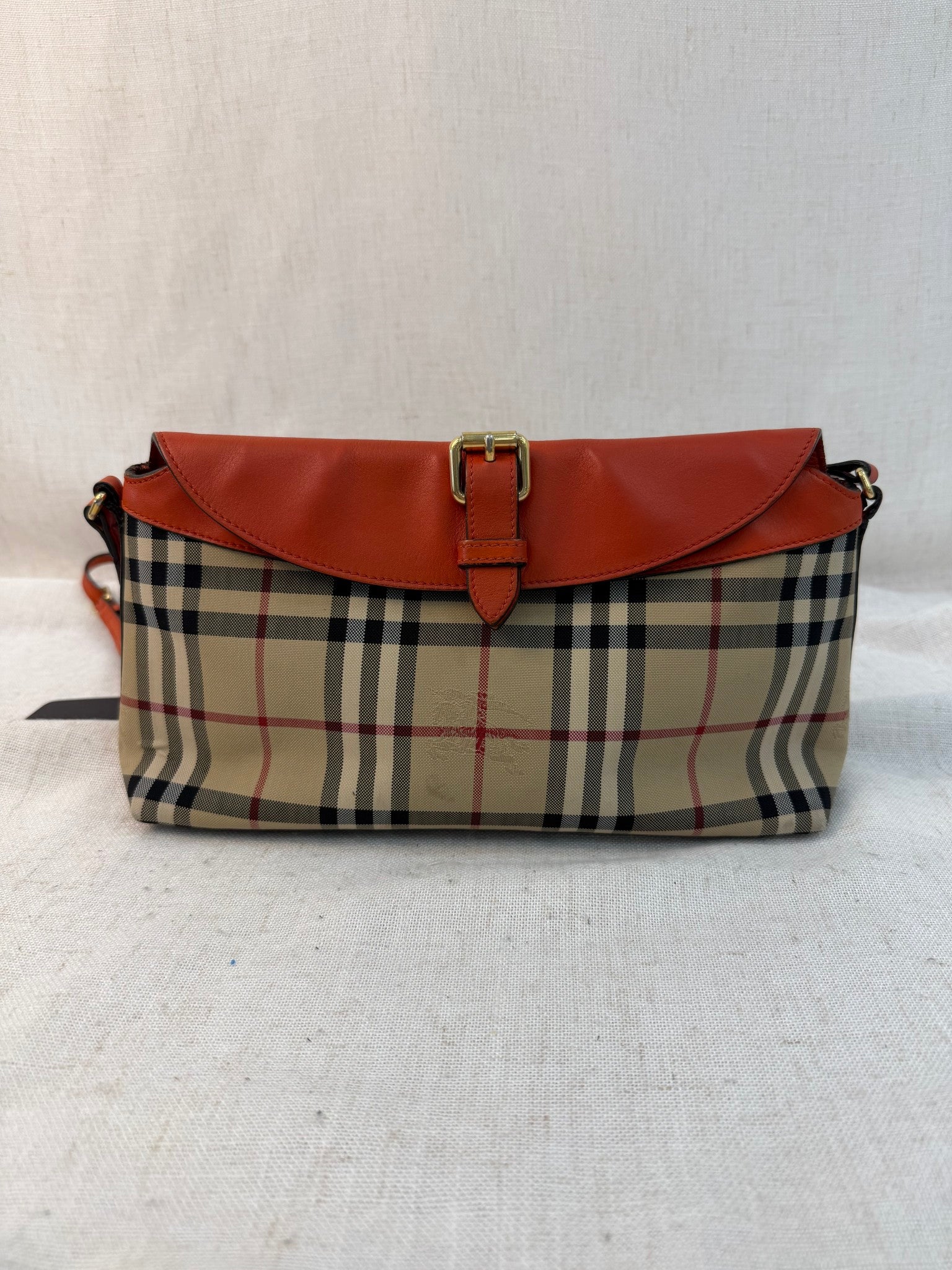 Burberry Tan Canvas And Orange Leather Leah Crossbody Bag