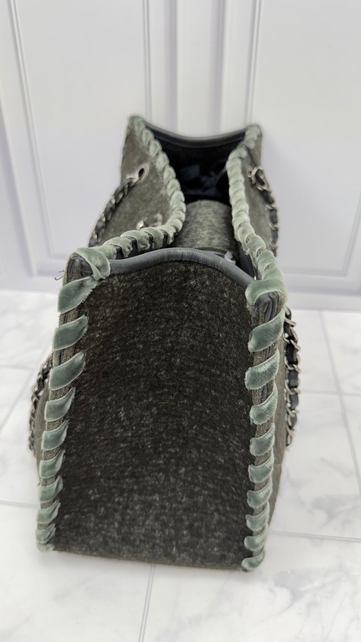 Chanel Grey Quilted Wool & Velvet Stitched CC Large Tote