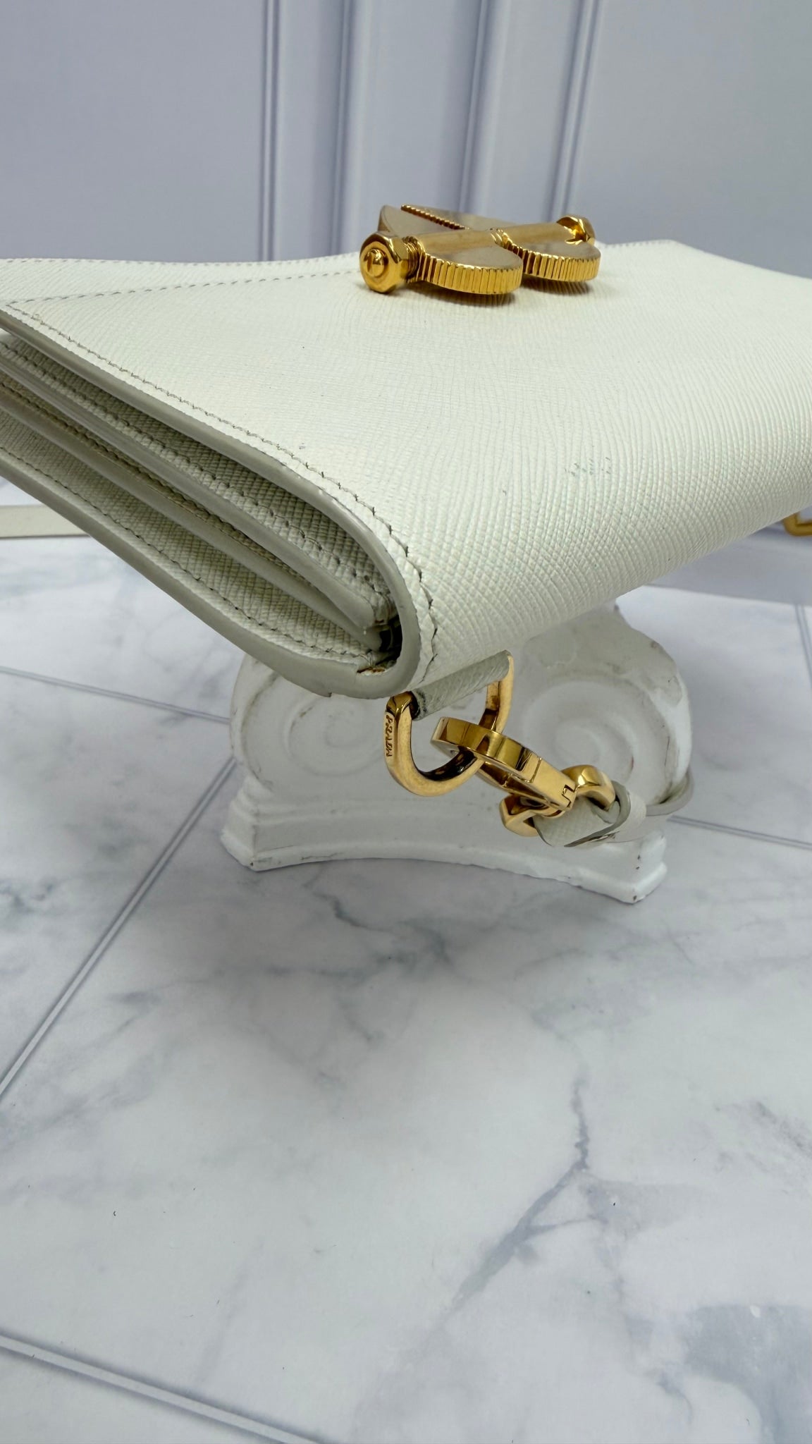 Prada White Saffiano Leather Broken Heart Lock Wallet on a Chain