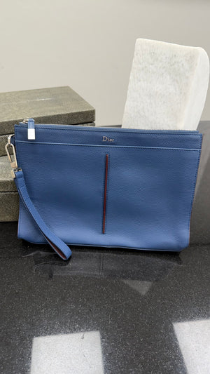 Christian Dior Blue Leather Zip Bee Wristlet