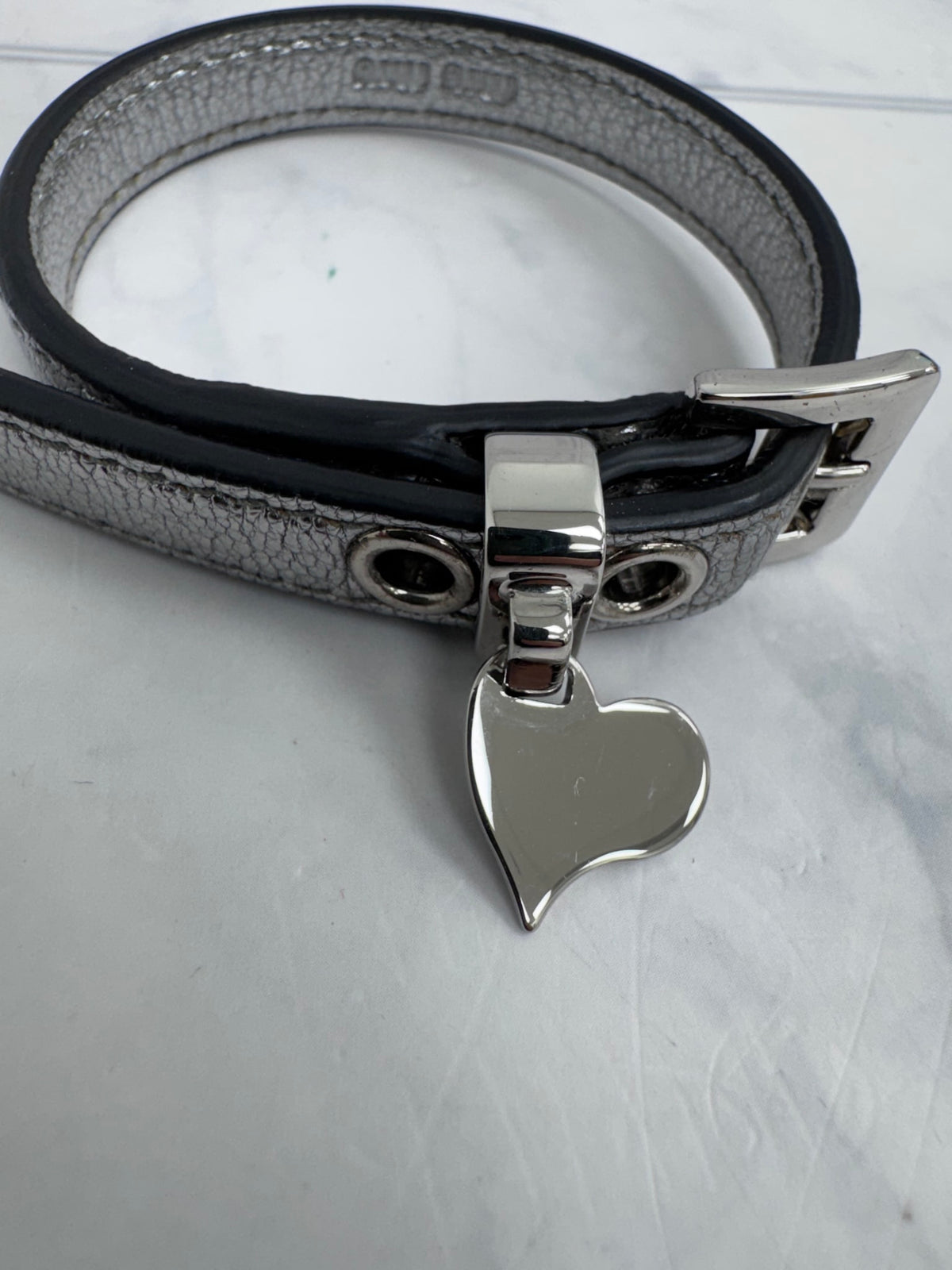Miu Miu Metallic Silver Leather Heart Charm Bracelet