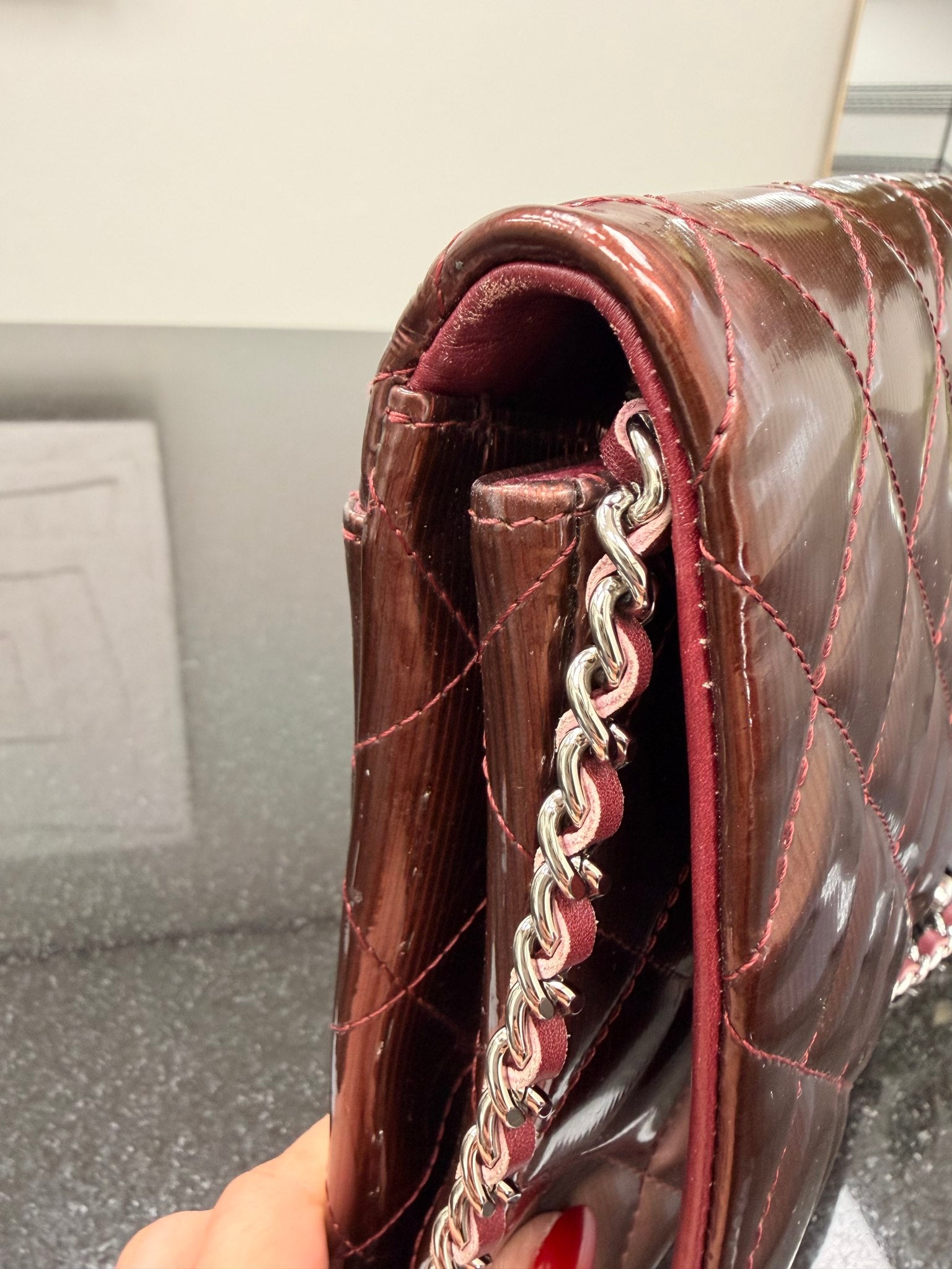 Chanel Burgundy Patent Leather Matelasse Clutch on a Chain