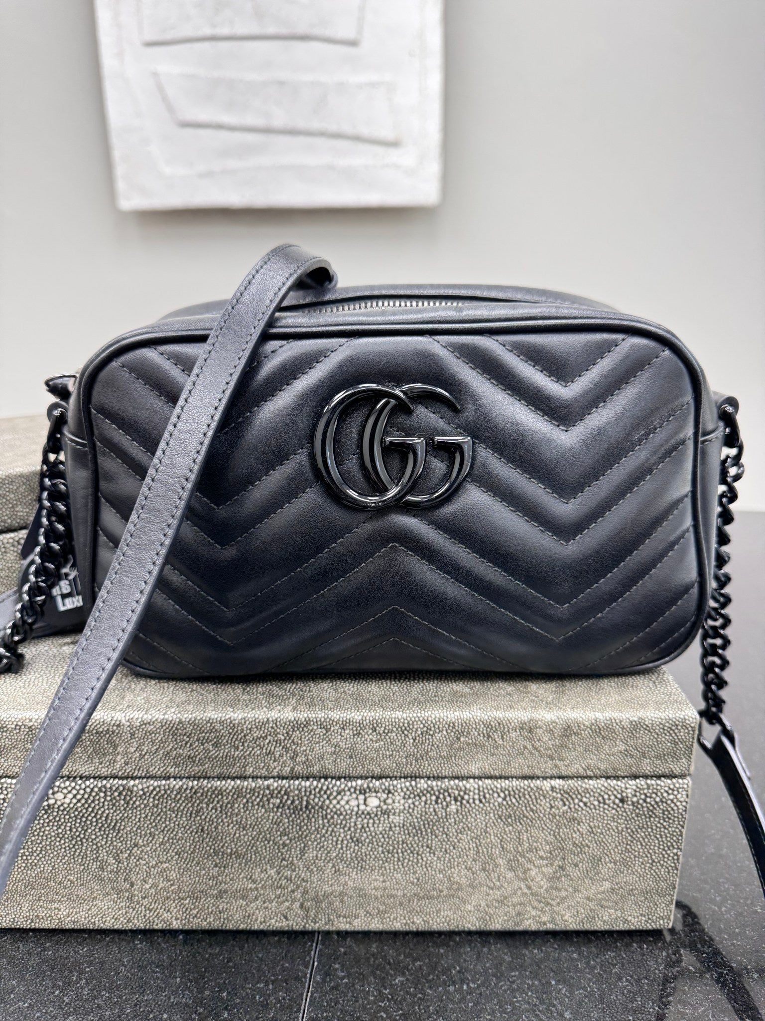 Gucci Black GG Marmont Chevron Quilted Leather Small Crossbody Bag