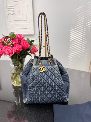 Chanel Quilted Denim Drawstring Bucket Bag