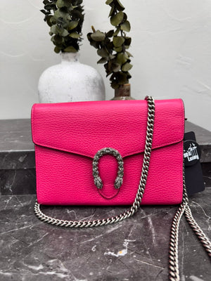 Gucci Hot Pink Grained Leather Dionysus Wallet On A Chain