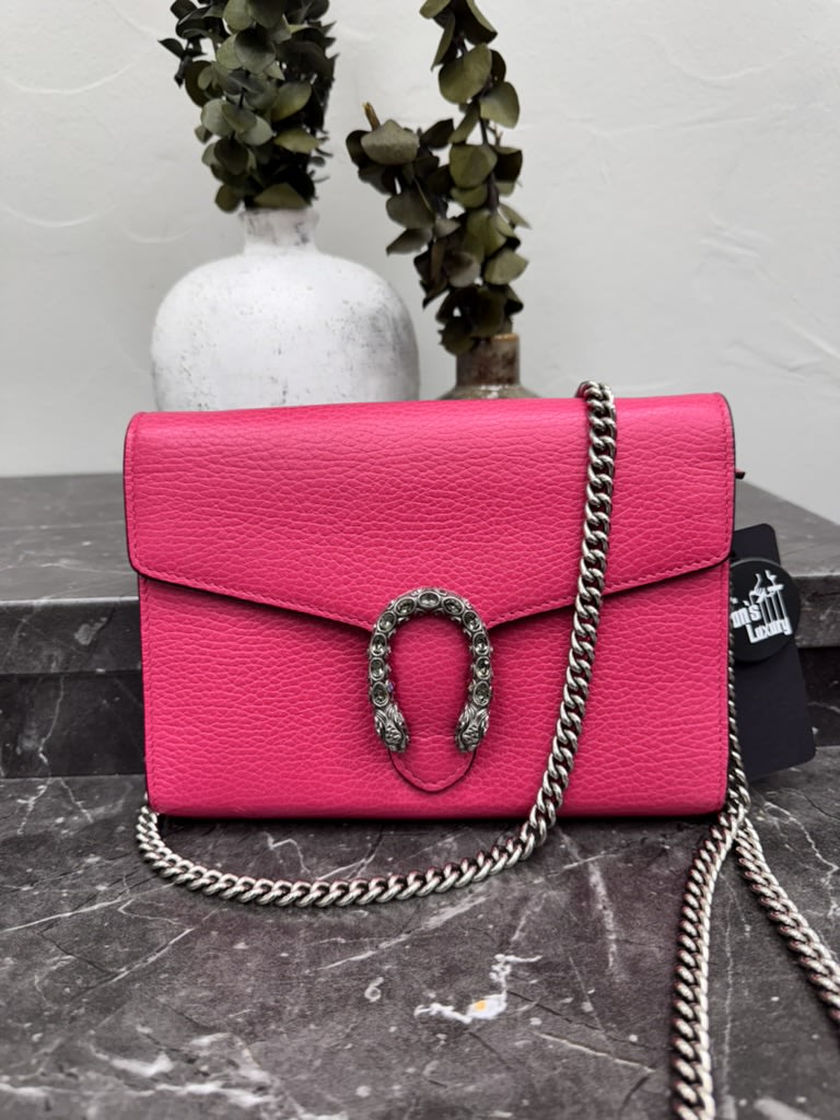 Gucci Hot Pink Grained Leather Dionysus Wallet On A Chain