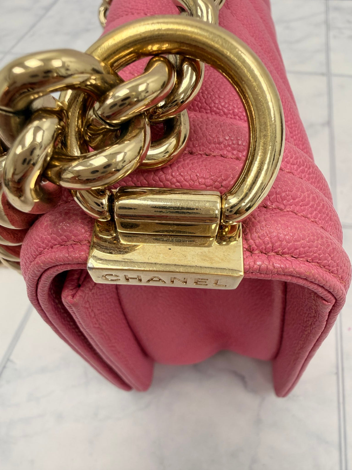 Chanel Pink Chevron Quilted Caviar Leather Boy Flap Bag