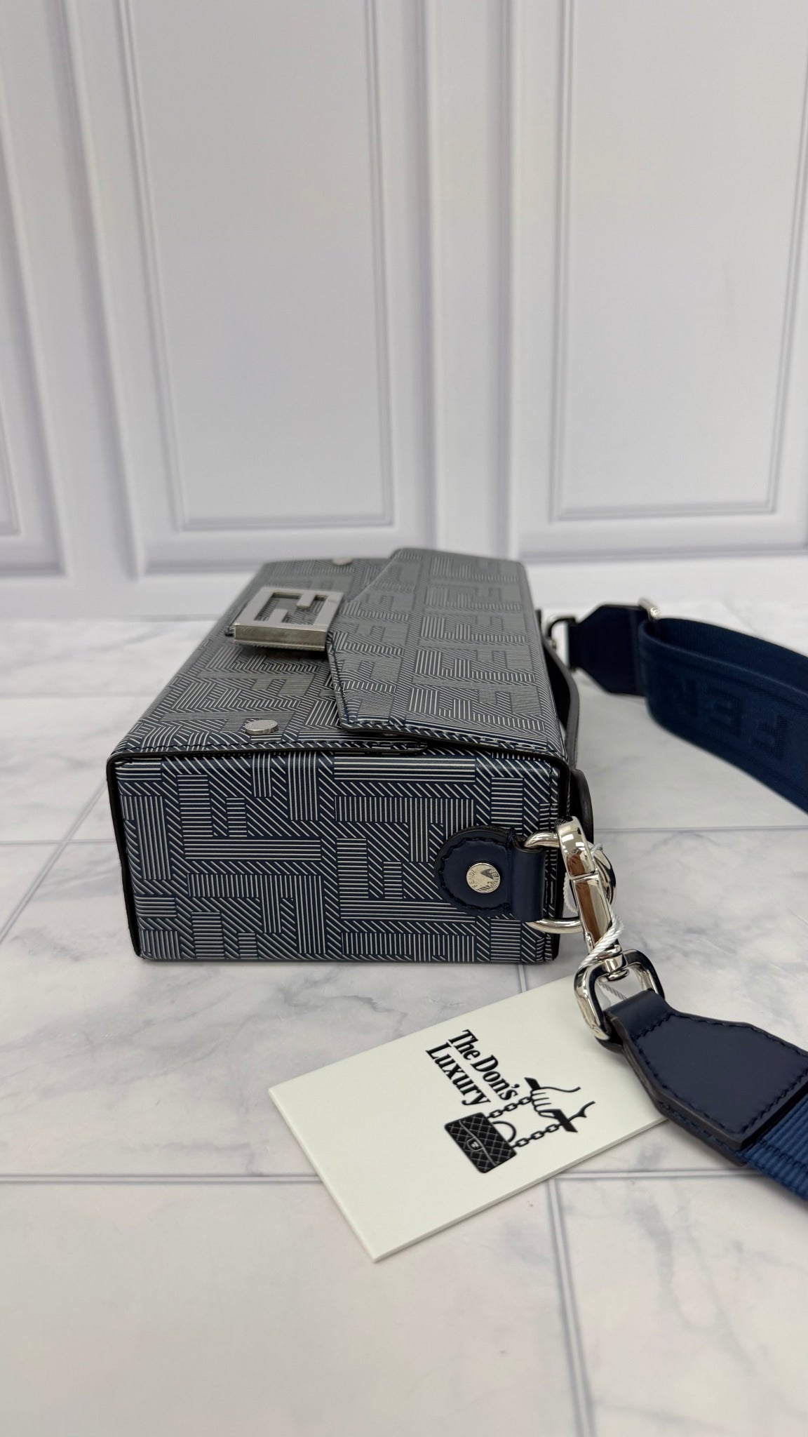 Fendi Navy Blue Leather Baguette Soft Trunk Crossbody Bag 