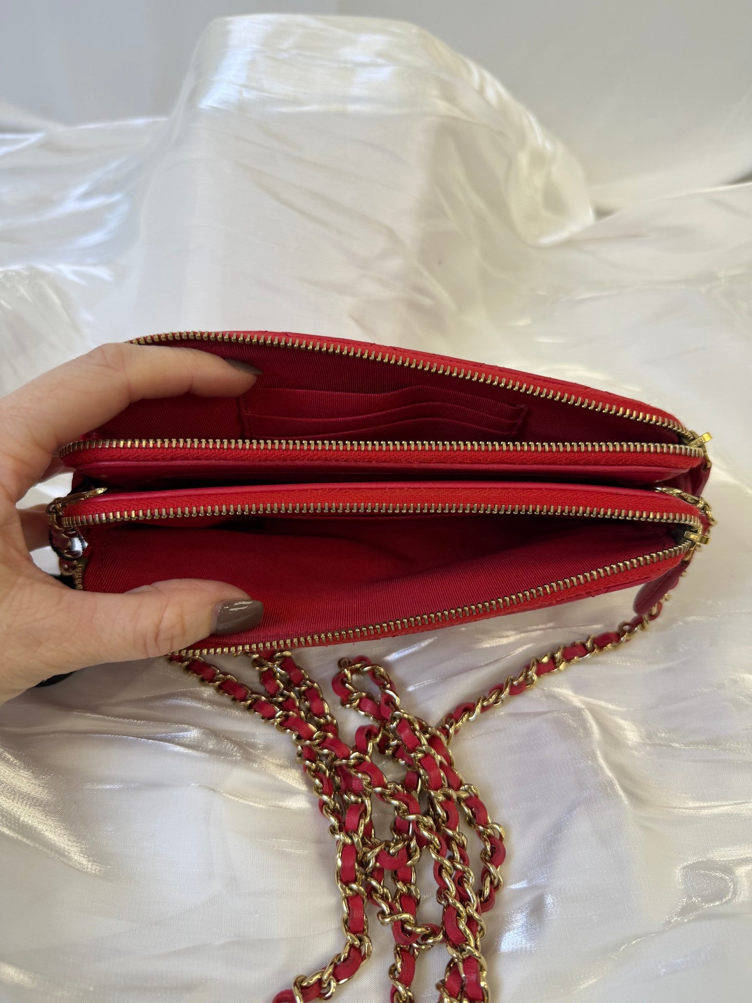 Chanel Red Lambskin Double Zippy Wallet On Chain