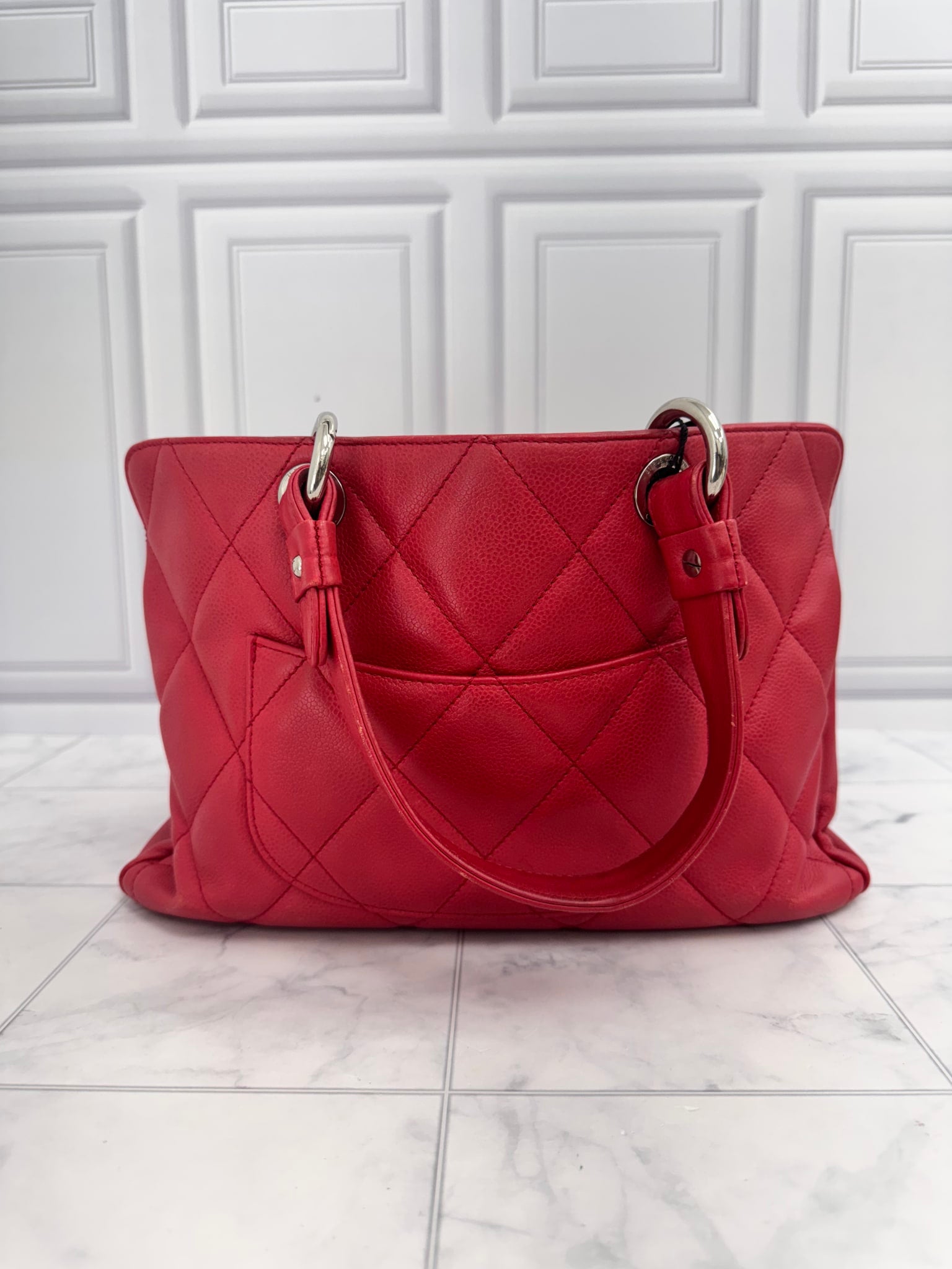 Chanel Red Quilted Caviar Leather Timeless CC Medium Soft Shopping Tote