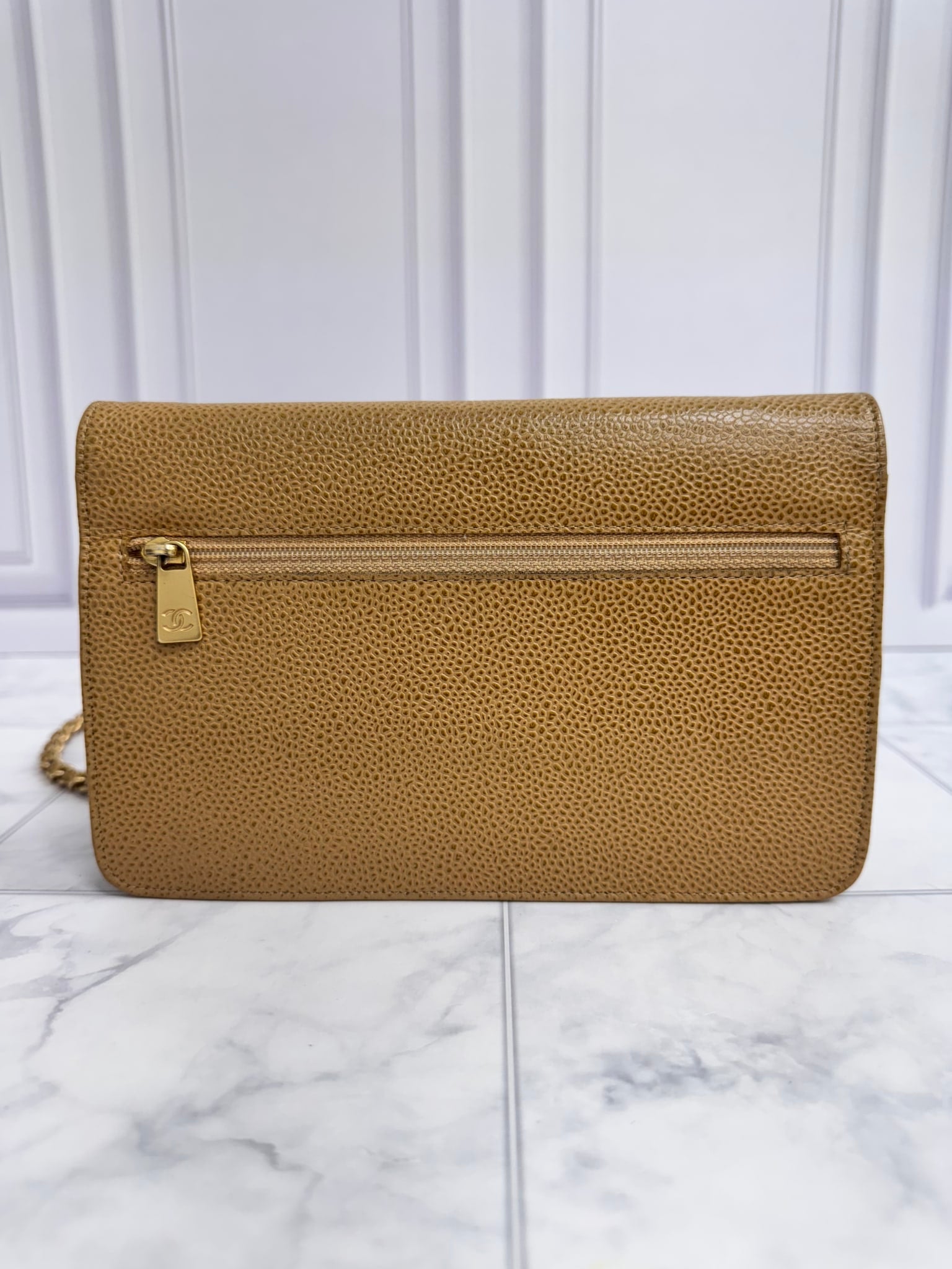 Chanel Tan Caviar Leather Wallet On A Chain