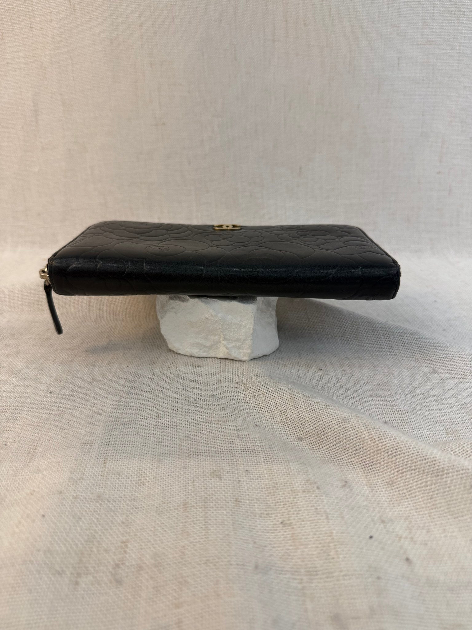 Chanel Black Lambskin Camellia Embossed Zippy Wallet