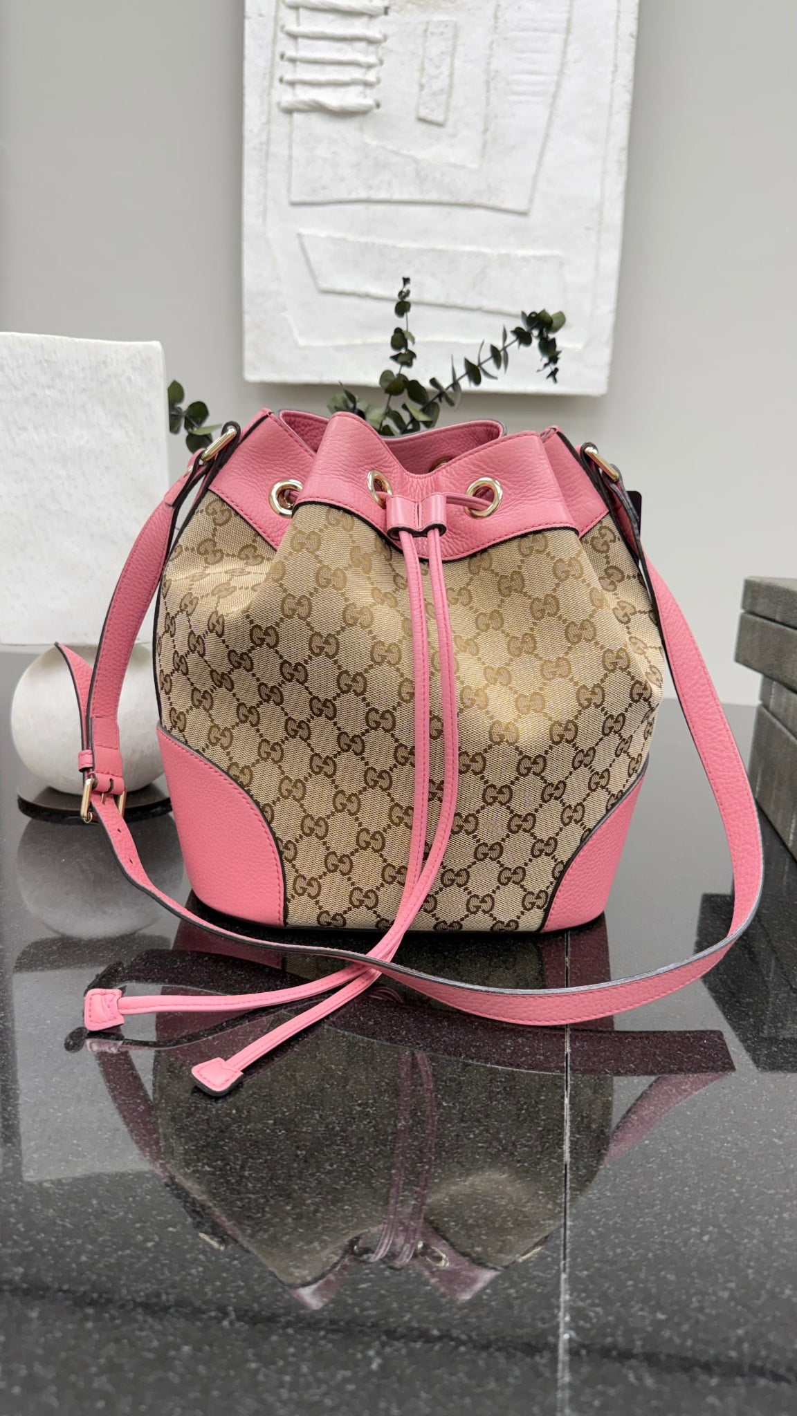 Gucci GG Canvas & Pink Leather Bucket Bag