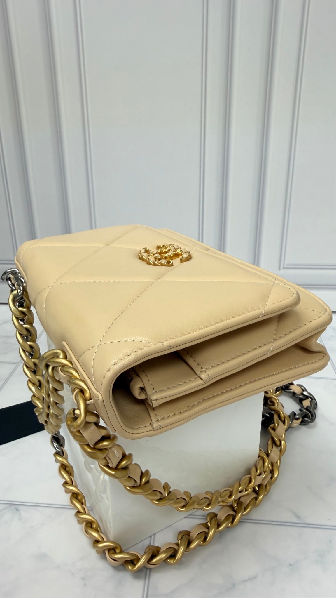 Chanel Beige Quilted Lambskin Leather Chanel 19 Wallet On A Chain