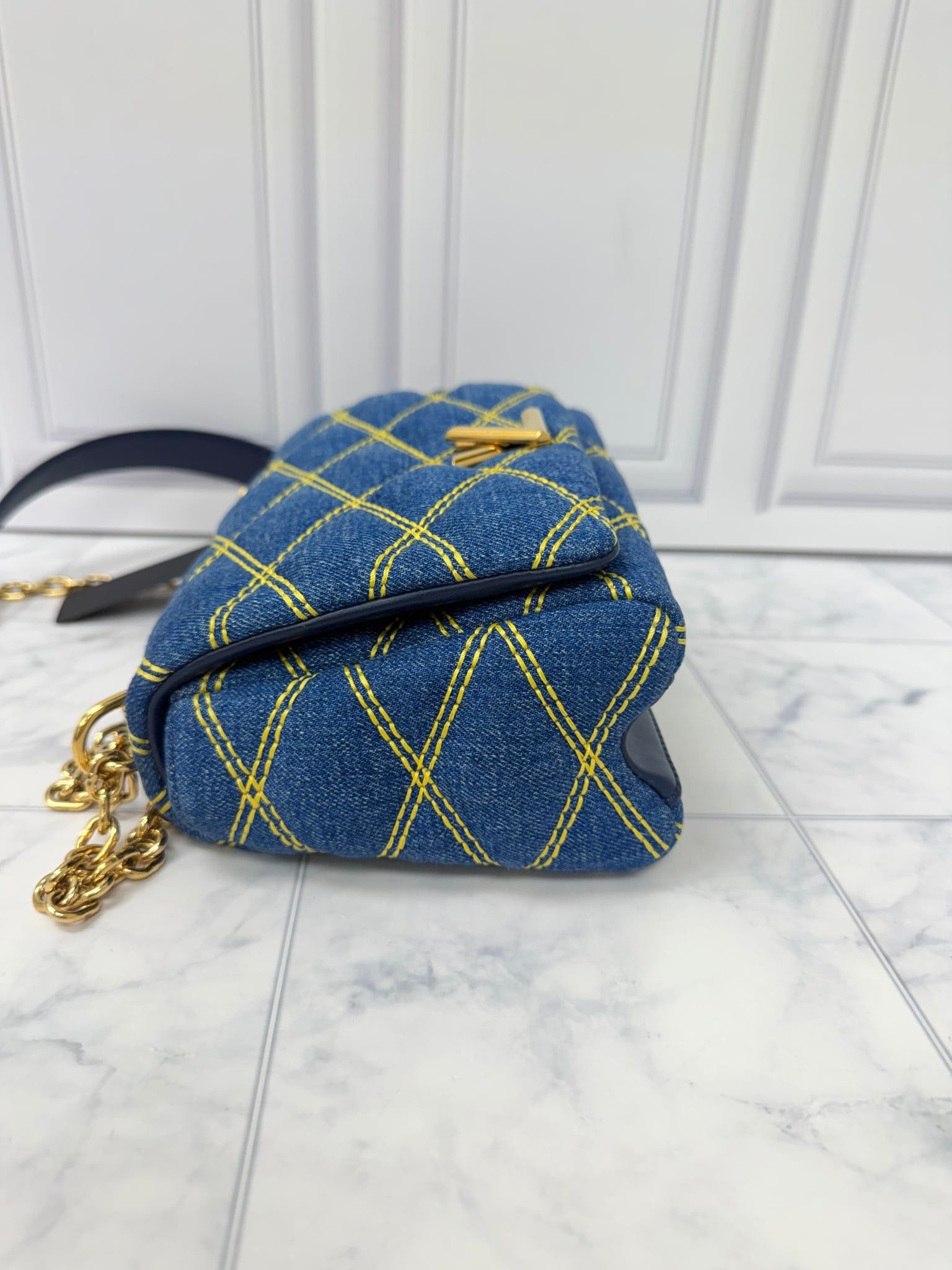 Louis Vuitton Blue Denim Yellow Stitching GO-14 PM Malletage Chain Shoulder Bag 
