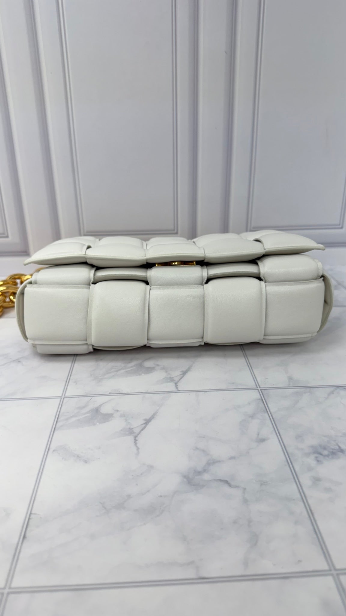 LIKE NEW - Bottega Veneta White Padded Maxi Intrecciato Leather Cassette Chain Crossbody Bag 