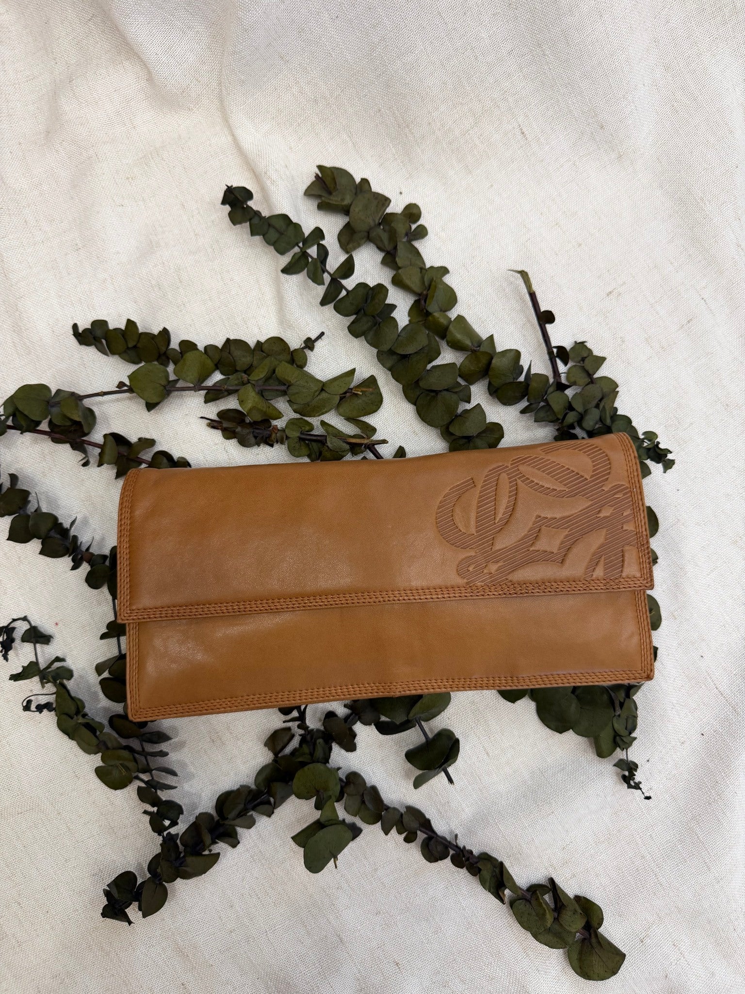 Loewe Tan Vintage Anagram Leather Tan Clutch