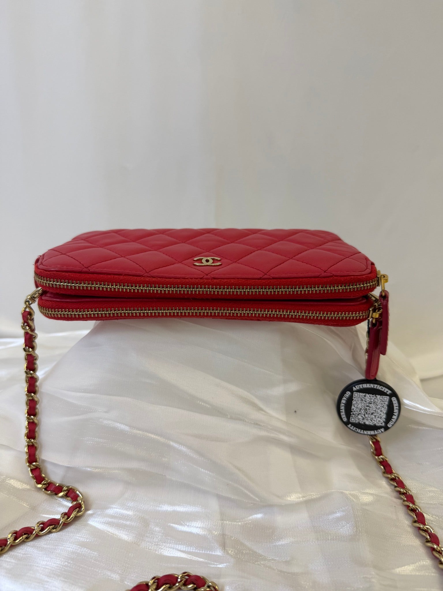 Chanel Red Lambskin Double Zippy Wallet On Chain