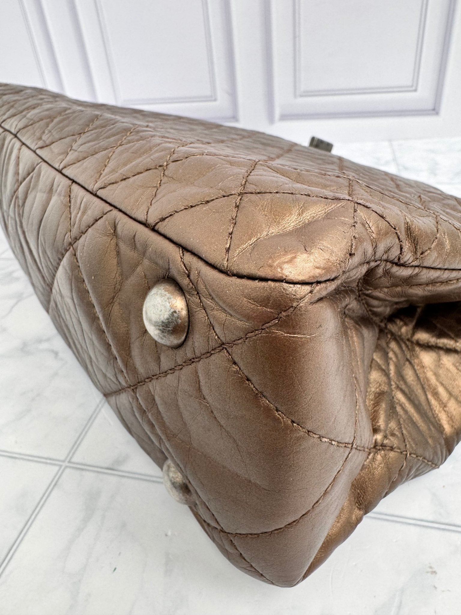 Chanel Metallic Bronze Quilted Aged Calfskin Leather Reissue 2.55 Medium Shopping Tote