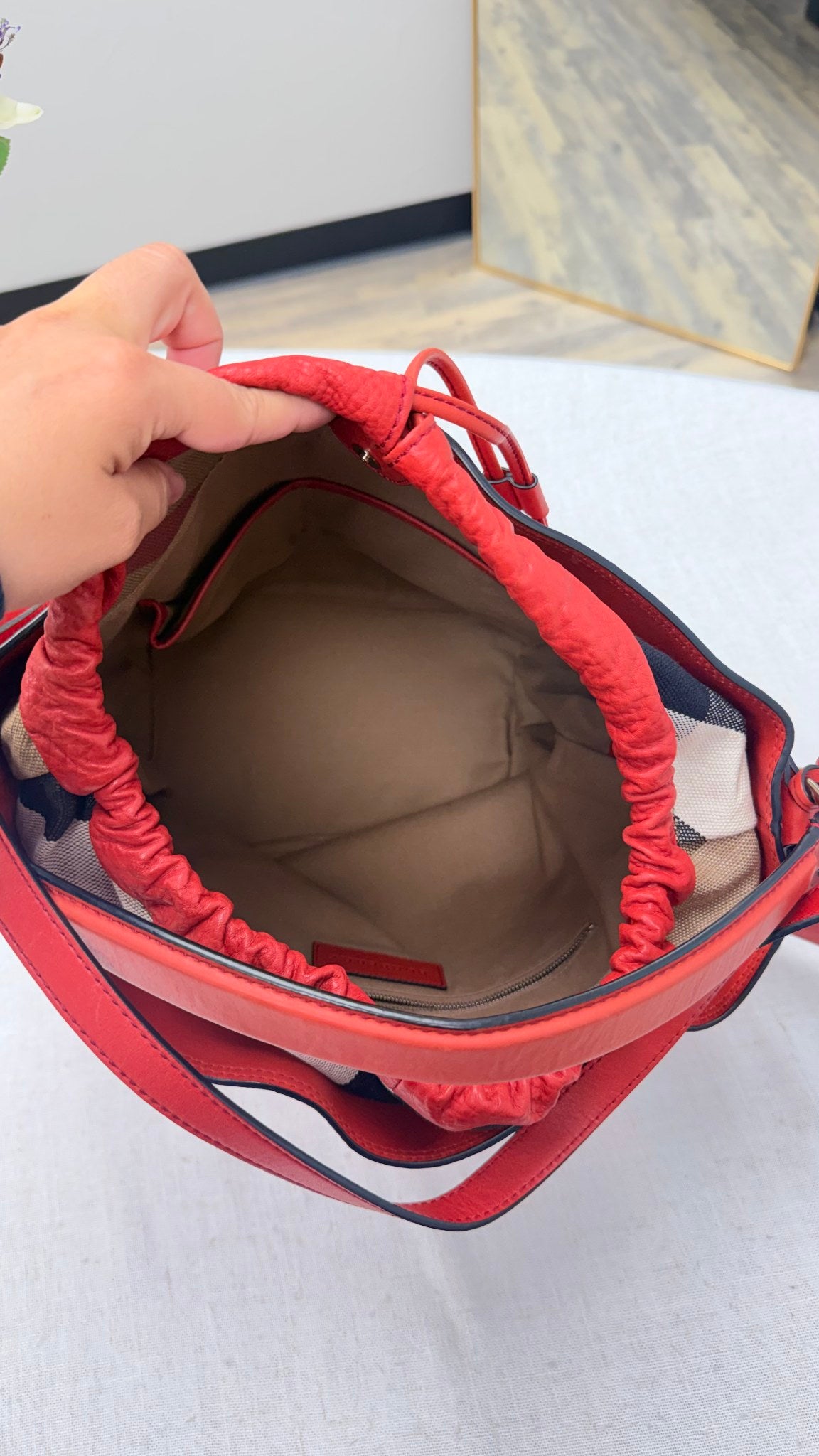 Burberry Red Grained Leather Bucket Bag
