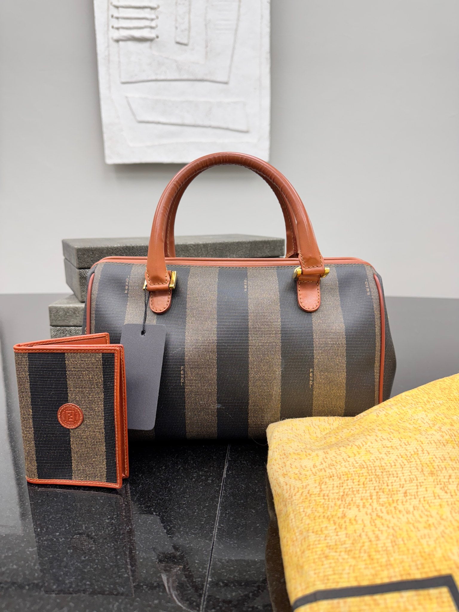 Fendi Brown And Black Stripped Coated Canvas Pequin Boston Bag and Card Holder