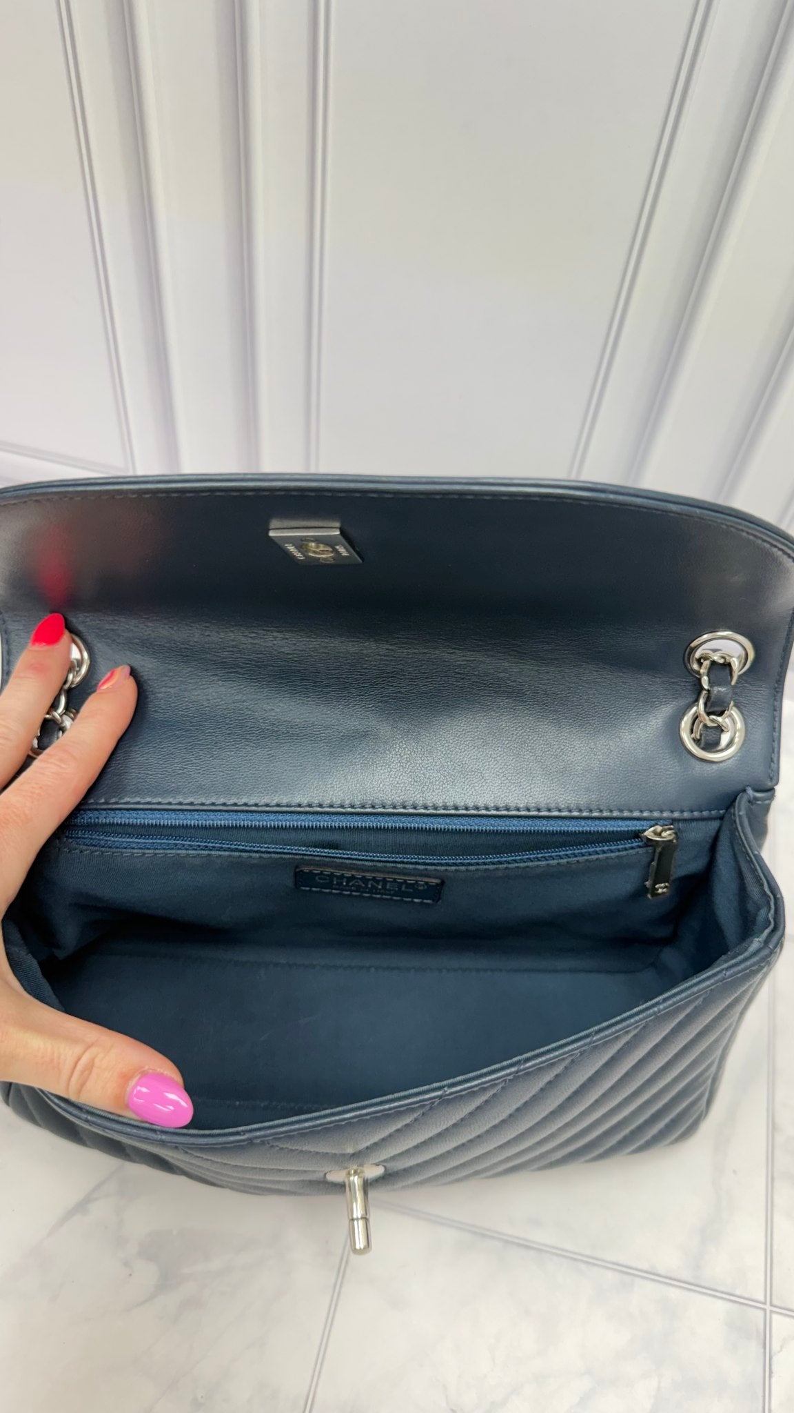 Chanel Navy Chevron Quilted Calfskin Round CC Flap Bag