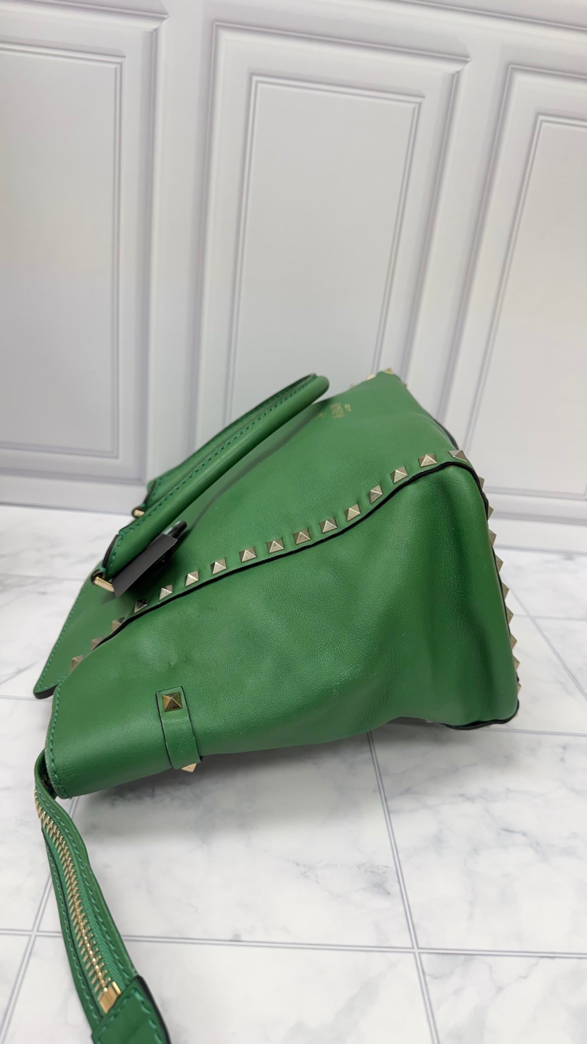 Valentino Green Leather Rockstud Trapeze Tote Bag 