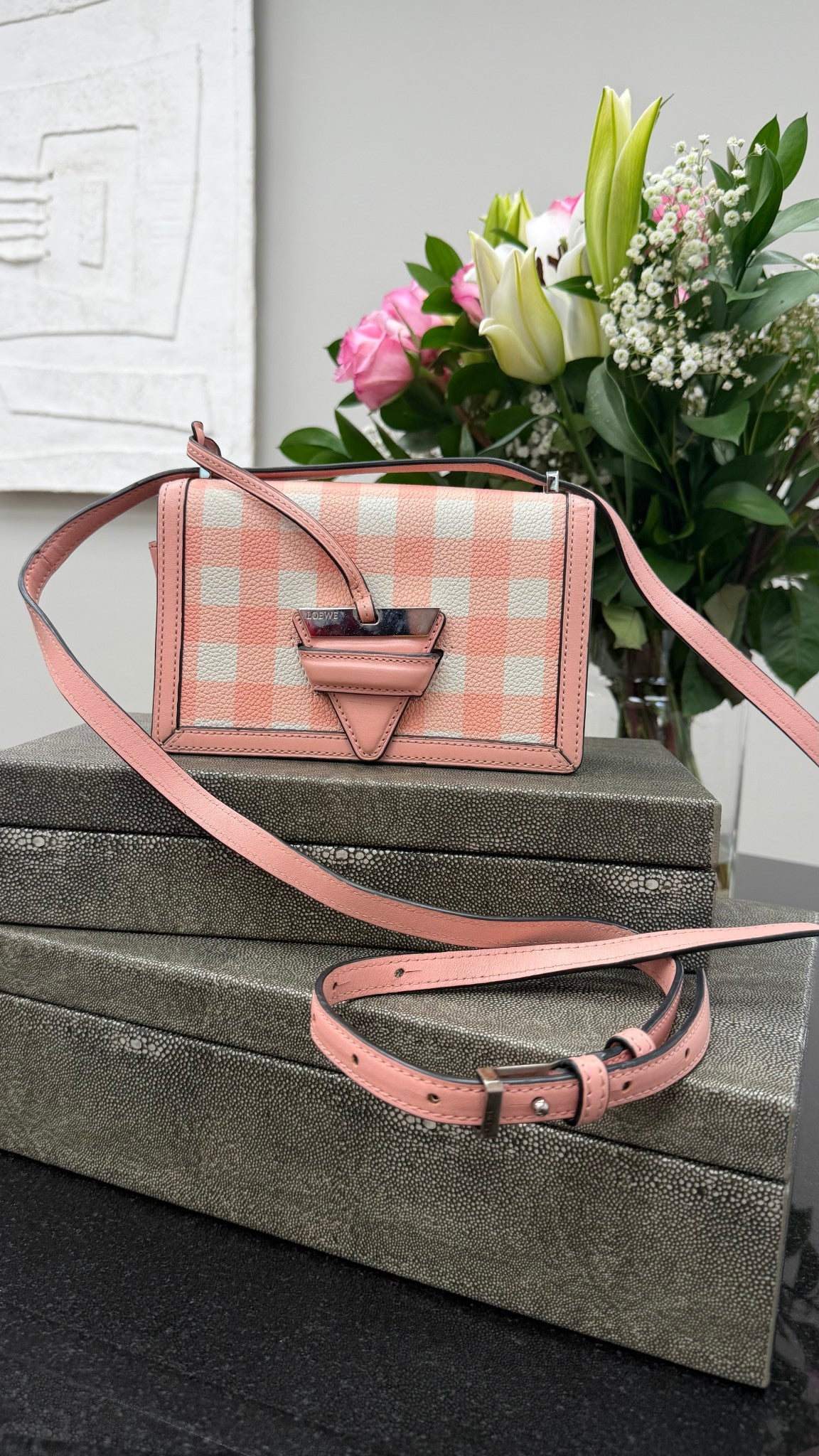 Loewe Pink Gingham Calfskim Small Barcelona Shoulder Bag