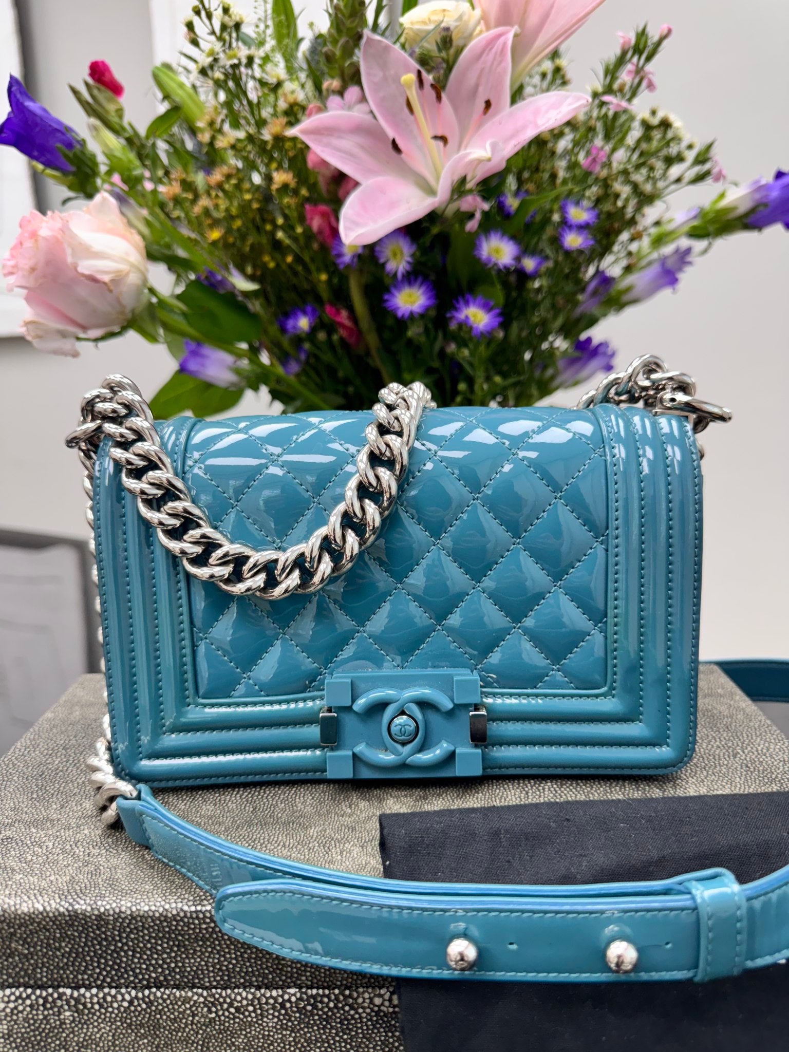 Chanel Teal Diamond Quilted Patent Leather Boy Flap Shoulder Bag