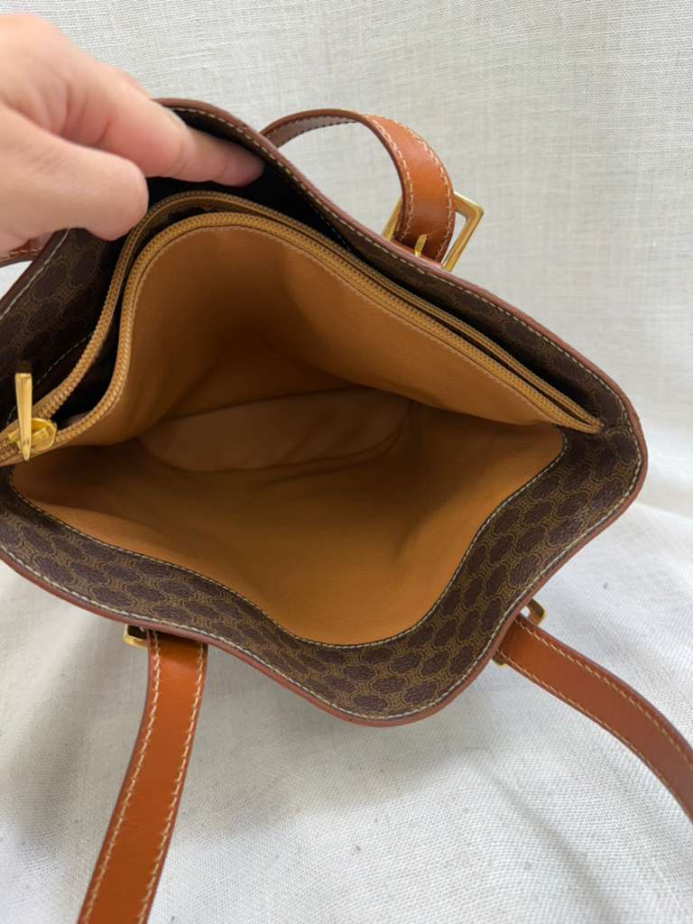 Celine Brown Coated Canvas Macadam Bucket Bag