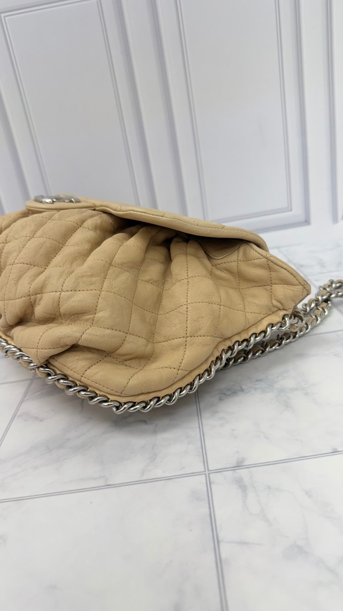 Chanel Beige Calfskin Leather Chain Around Shoulder Bag