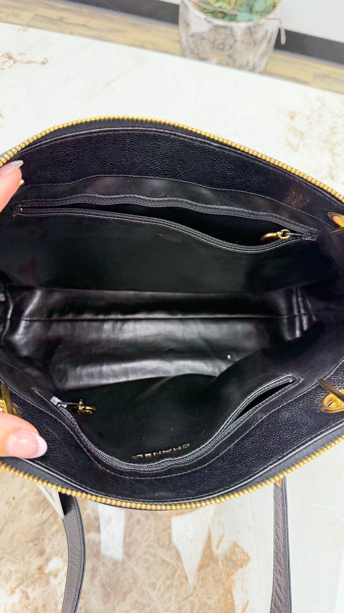 Chanel Vintage 24k Black Caviar Shoulder Chain Tote