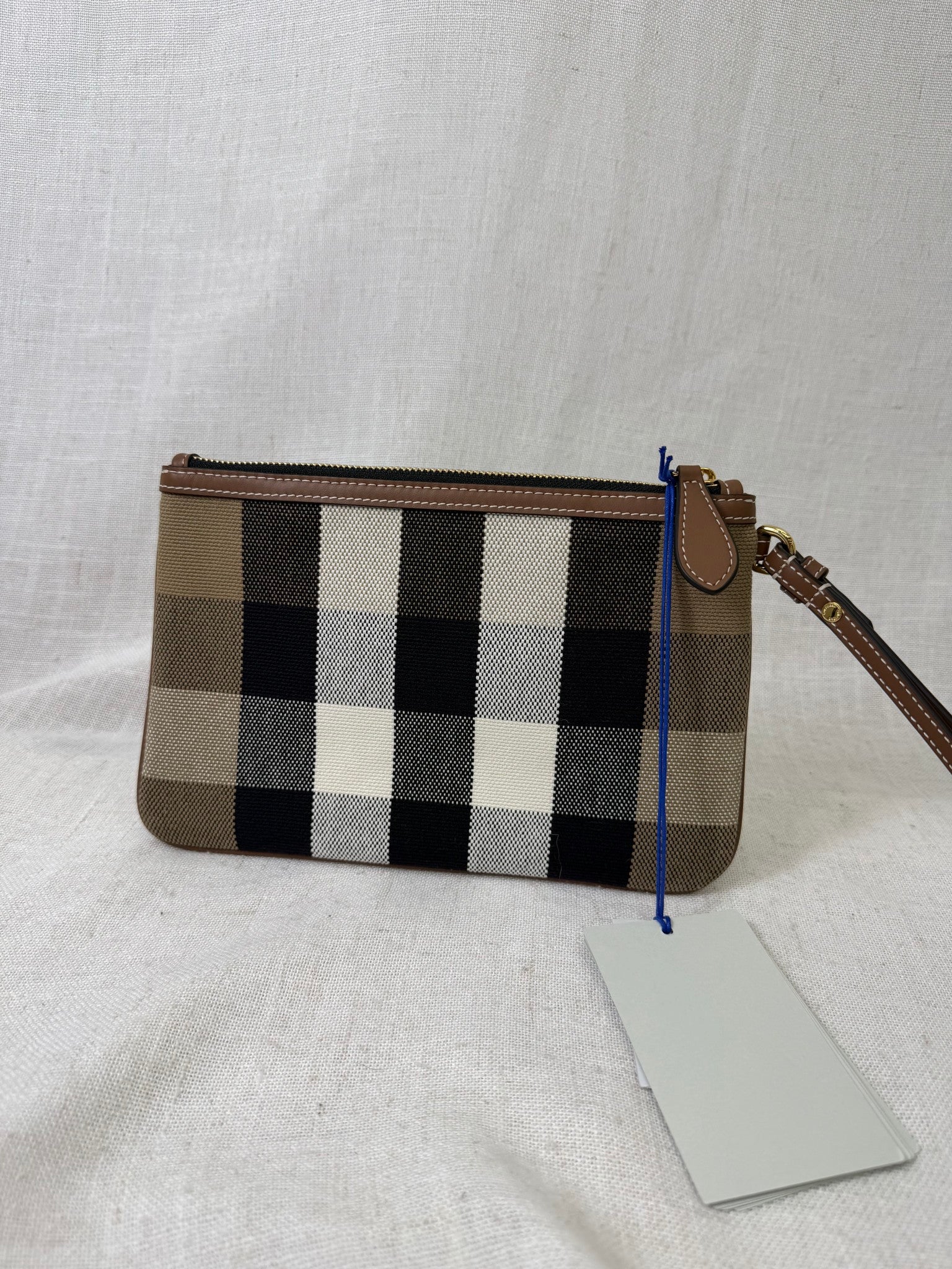 BRAND NEW - Burberry Check Canvas And Brown Leather Peyton Wristlet Pouch 