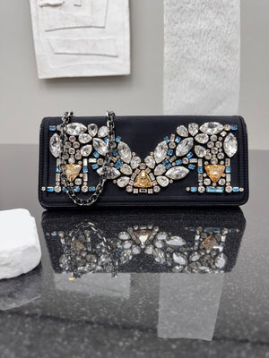 MCM Black Satin And Leather Crystal Embellished Chain Shoulder Bag