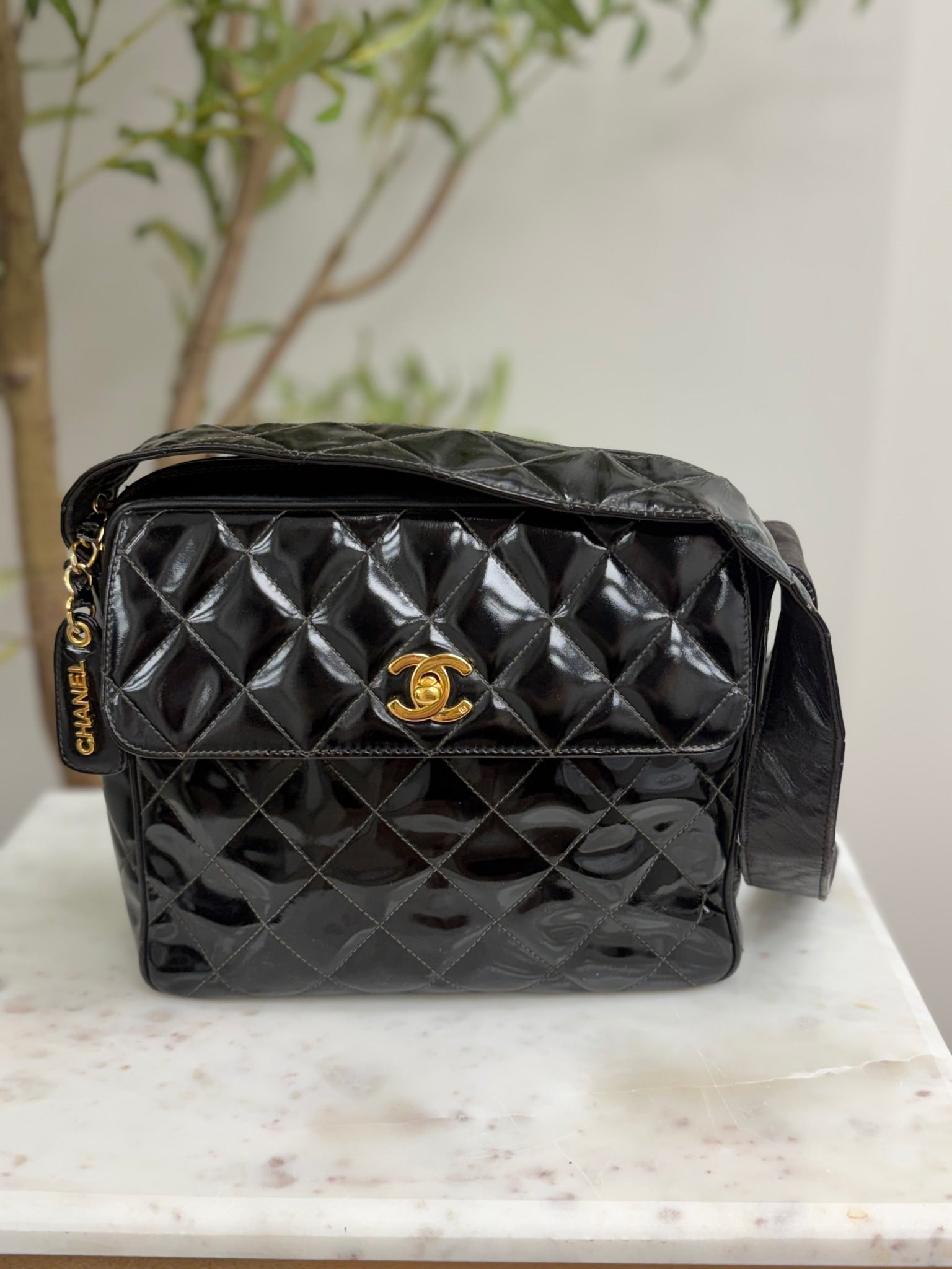 Chanel Black Patent Leather Quilted Camera Bag