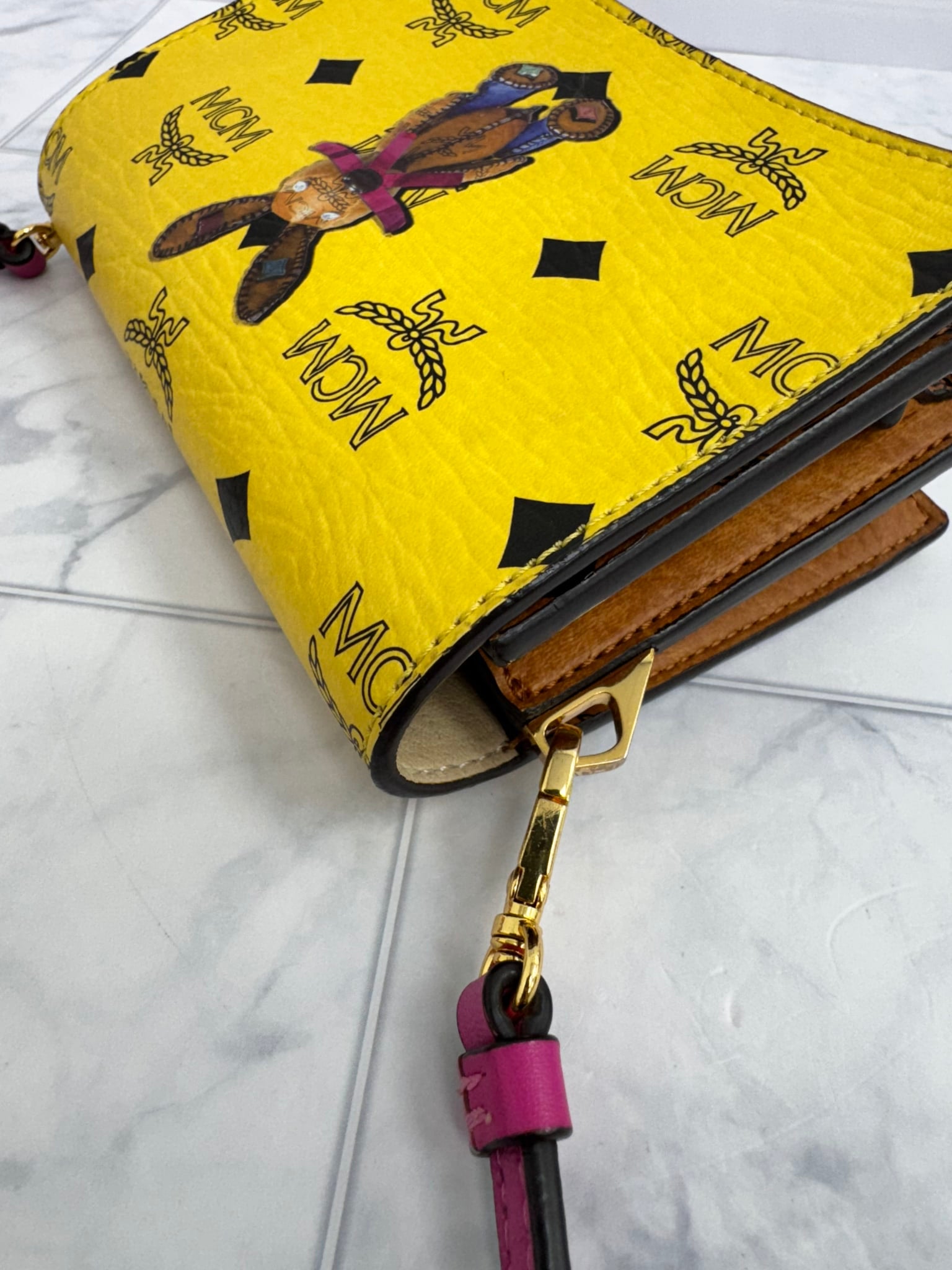 LIKE NEW - MCM Yellow Visetos Coated Canvas Rabbit Crossbody Bag