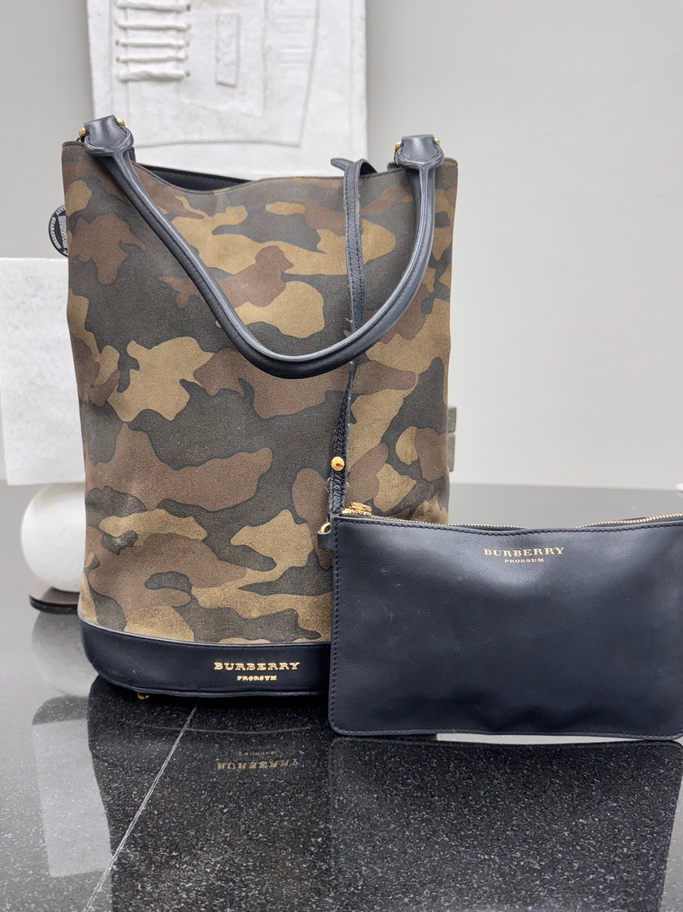 Burberry Brown Camoflauge Suede And Leather Bucket Bag