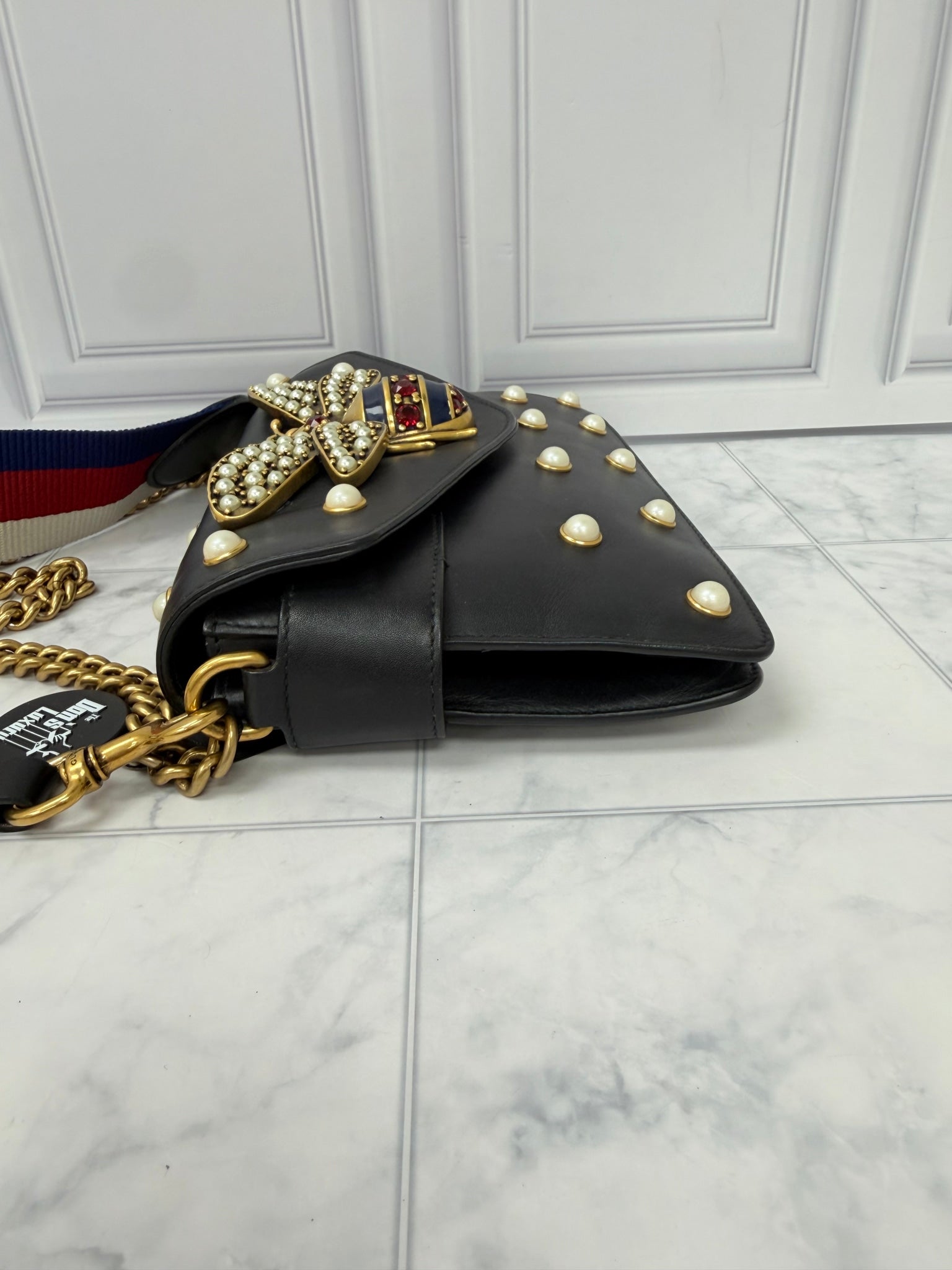 Gucci Black Calfskin Leather Pearl Studded Queen Margaret Bee Mini Shoulder Bag 