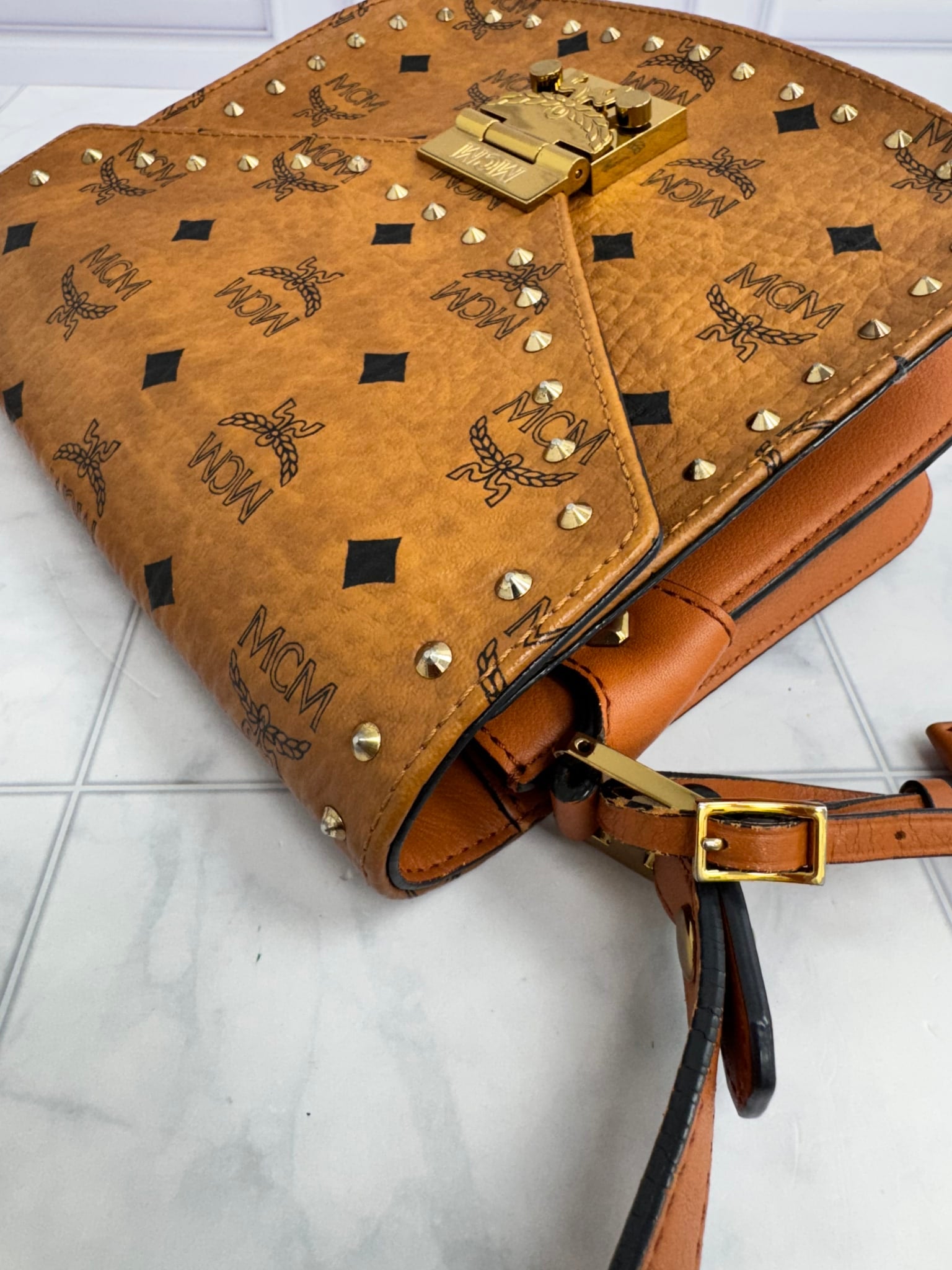 MCM Cognac Visetos Coated Canvas Studded Patricia Outline Small Crossbody Bag