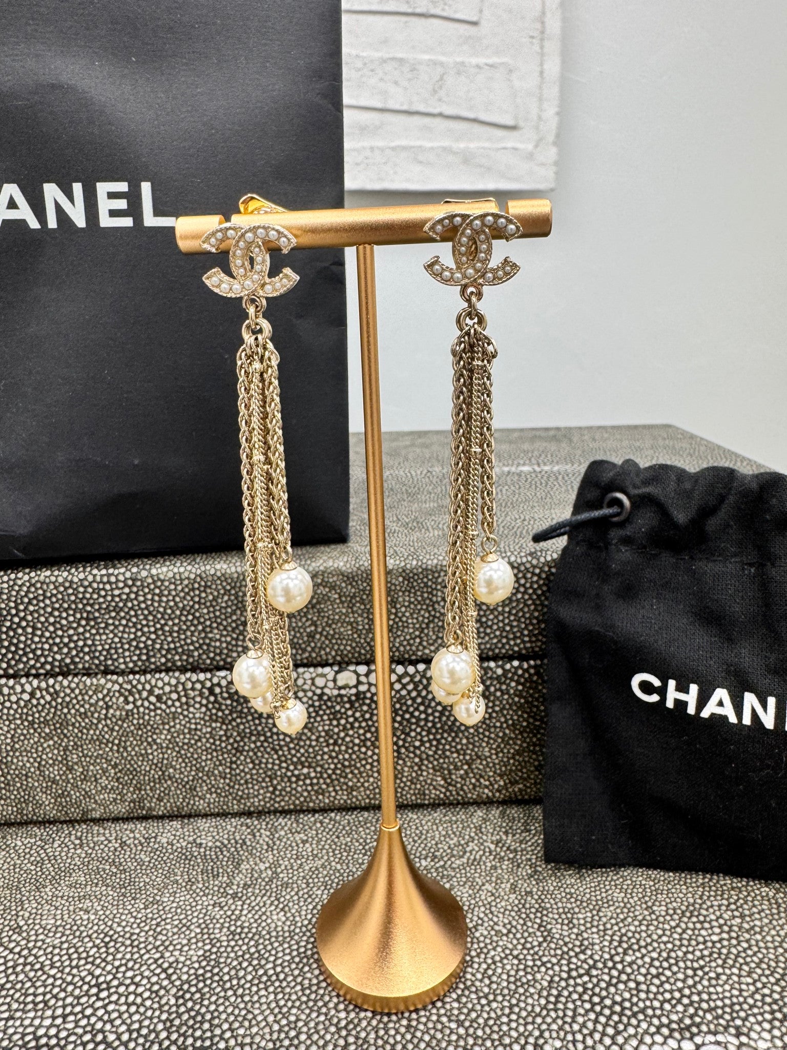 Chanel Gold Tone Faux Pearl CC Chain Tassel Earrings