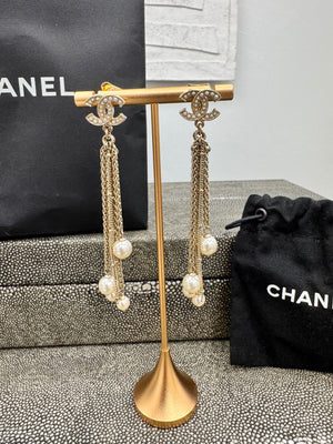 Chanel Gold Tone Faux Pearl CC Chain Tassel Earrings