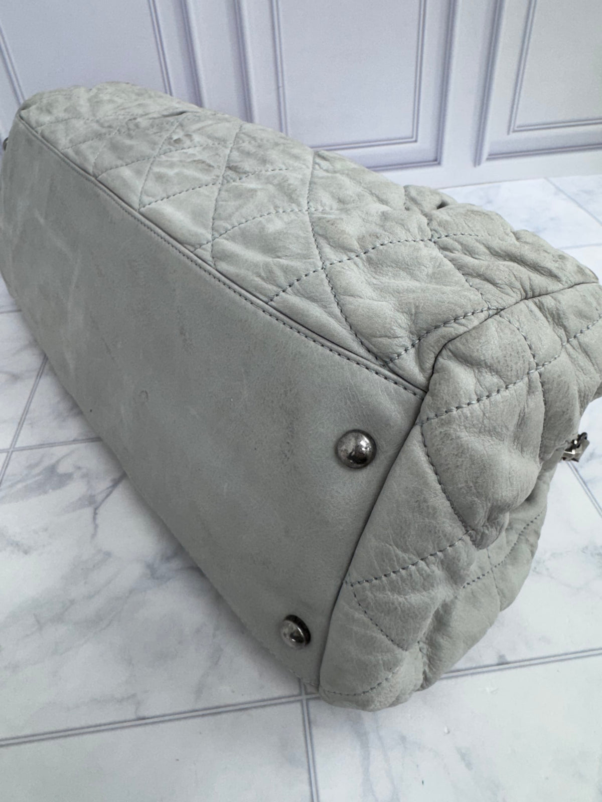 Chanel Gey Quilted Iridescent Calfskin Leather Chic Quilt Large Bowling Bag