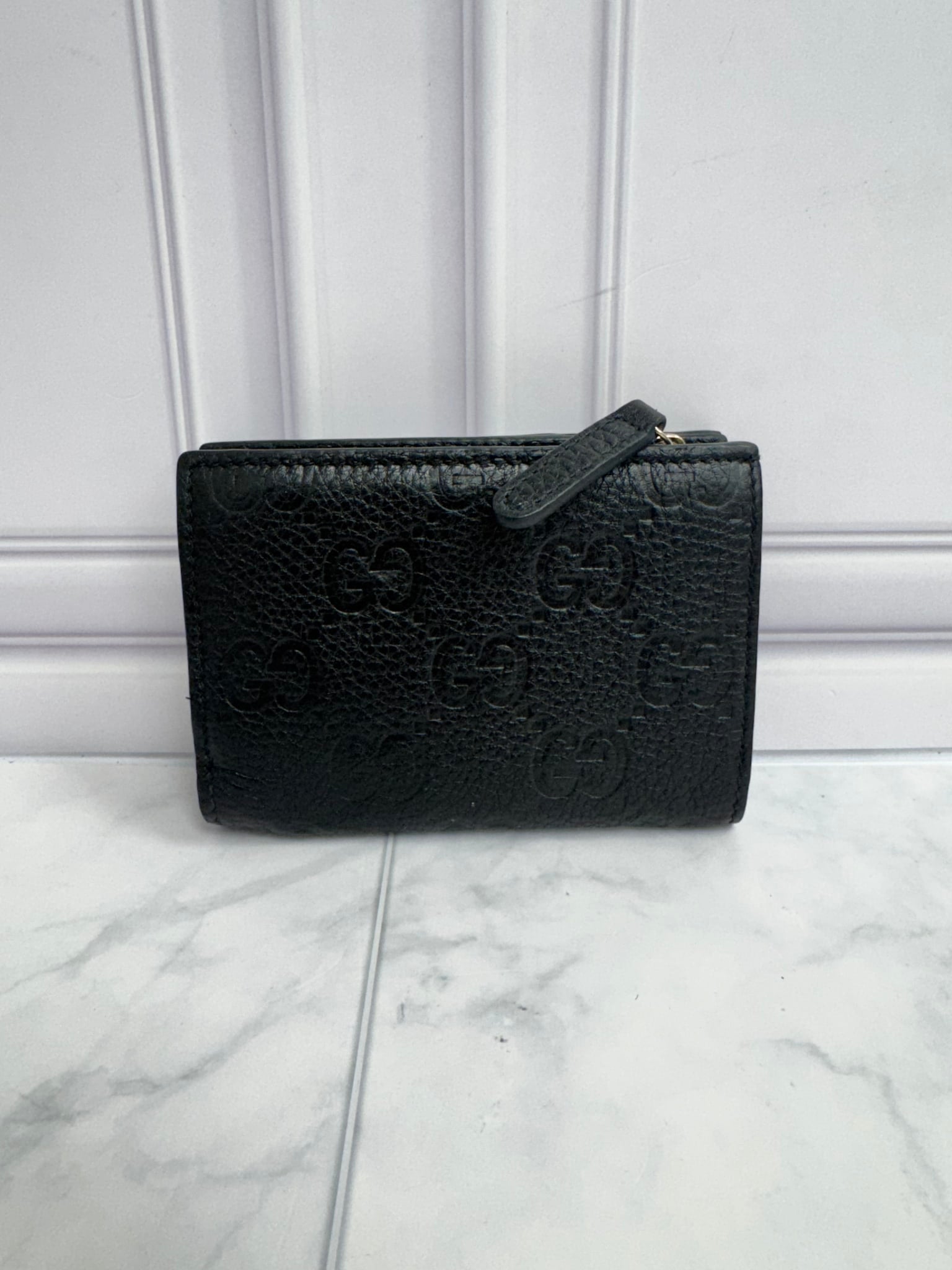 Gucci Black GG Embossed Leather Compact Wallet