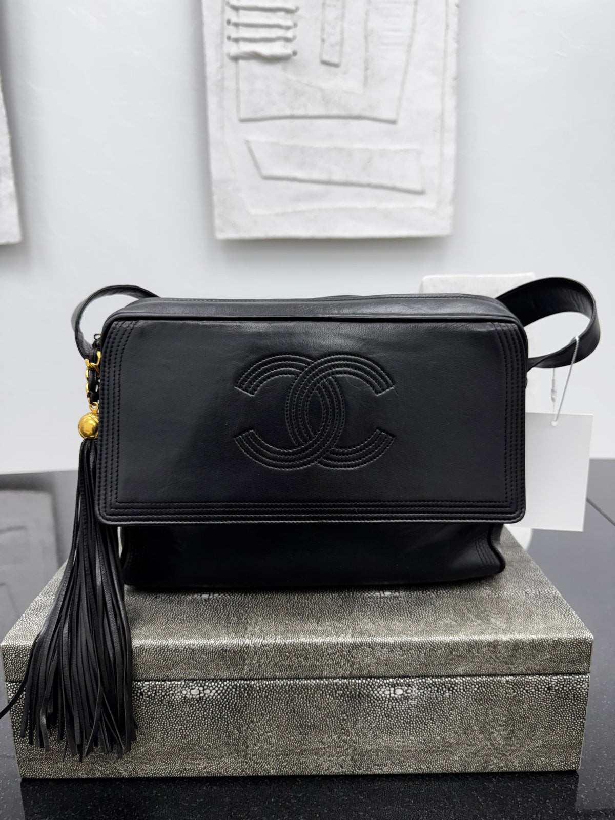 Chanel Black Calfskin Leather Vintage Coco Mark Tassel Large Shoulder Bag