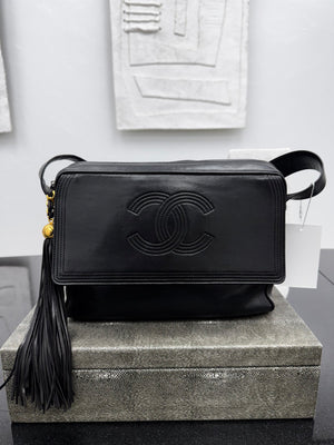 Chanel Black Calfskin Leather Vintage Coco Mark Tassel Large Shoulder Bag